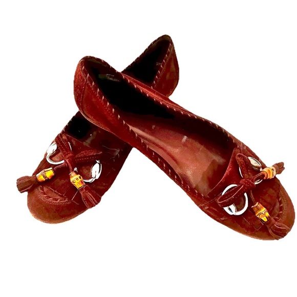 GUCCI Brown Suede Loafers Size 8.5 -Tassel Fringe Flats Women's Women's - Picture 1 of 12